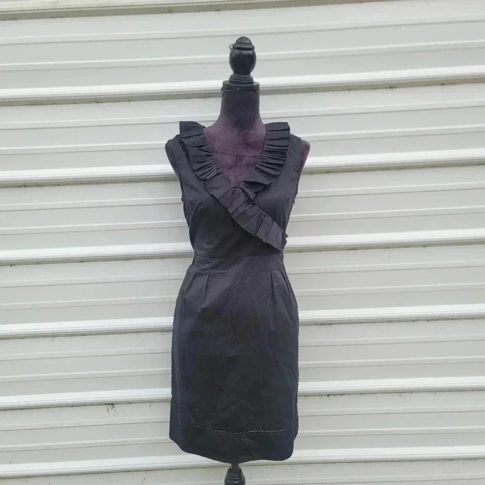 LOFT Womens Black Ruffle 100% Cotton Sheath Dress Sleeveless Stretch Petite 6P